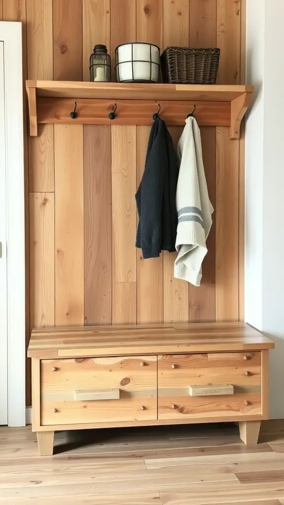 25+ Inspiring DIY Mudroom Bench Ideas to Revamp Your Space 16 A DIY bench made from reclaimed wood with a shelf above, hooks for hanging coats, and two storage drawers.