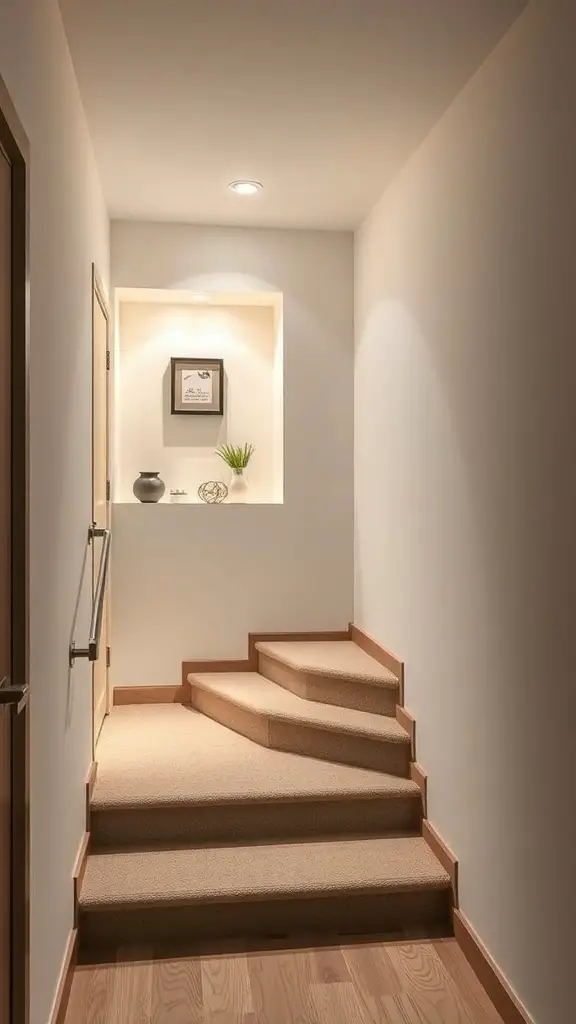 A well-lit wall niche in a basement stairway, showcasing a decorative item and a plant.