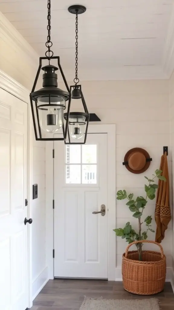 25+ Stylish Mudroom Lighting Ideas to Illuminate Your Space 4 Two vintage lanterns hanging in a mudroom with a white door and a basket.