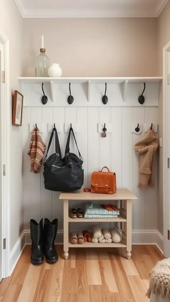 27+ Mudroom Ideas to Elevate Your Space 11 A functional mudroom drop zone with hooks for bags and coats, a bench for sitting, and organized storage.