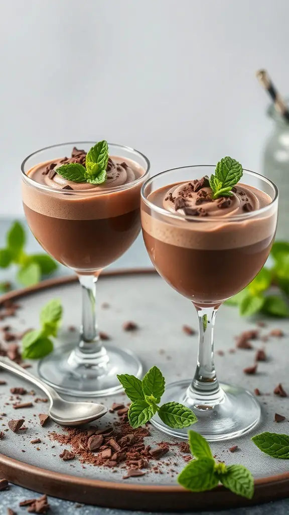 Two glasses of chocolate peppermint mousse topped with mint leaves and chocolate shavings