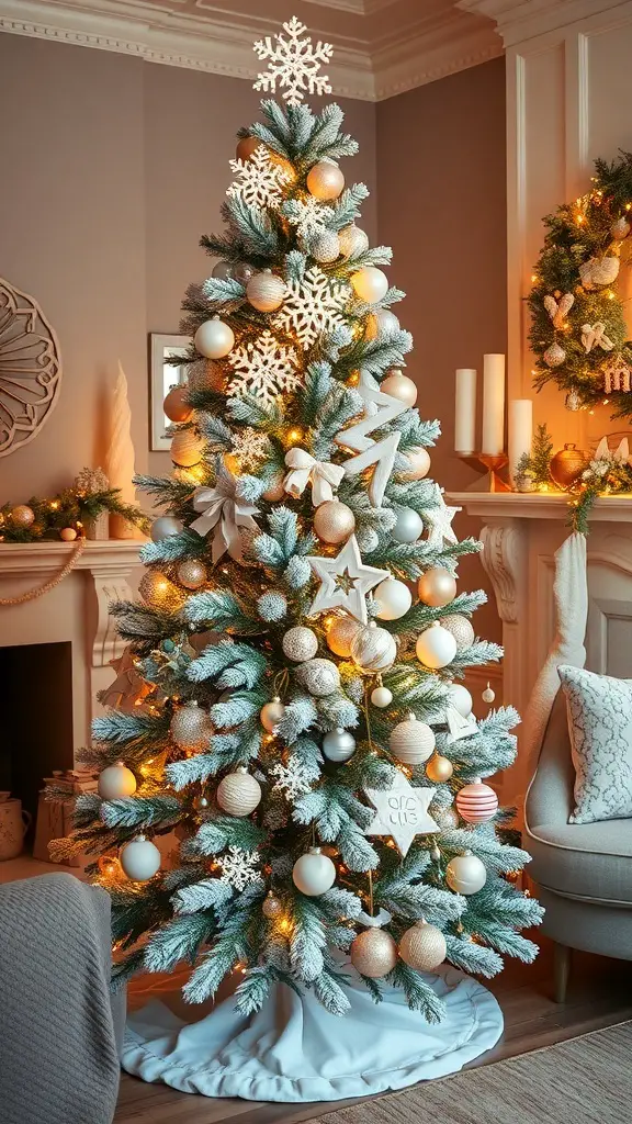 A beautifully decorated flocked Christmas tree with snowflake ornaments and warm lights.