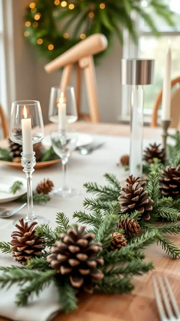 A beautifully set Christmas dinner table with pinecones and greenery.