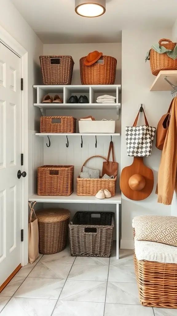 A small mudroom with functional baskets and bins organized on shelves.