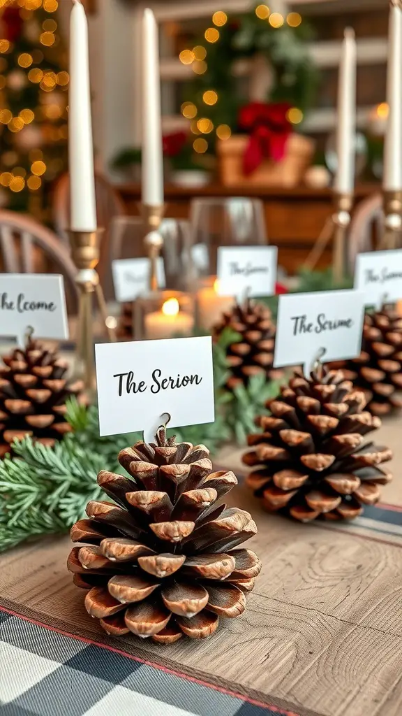 29+ Rustic Christmas Table Décor Ideas for a Cozy Holiday Celebration 3 Rustic Christmas table setting with pinecone place card holders