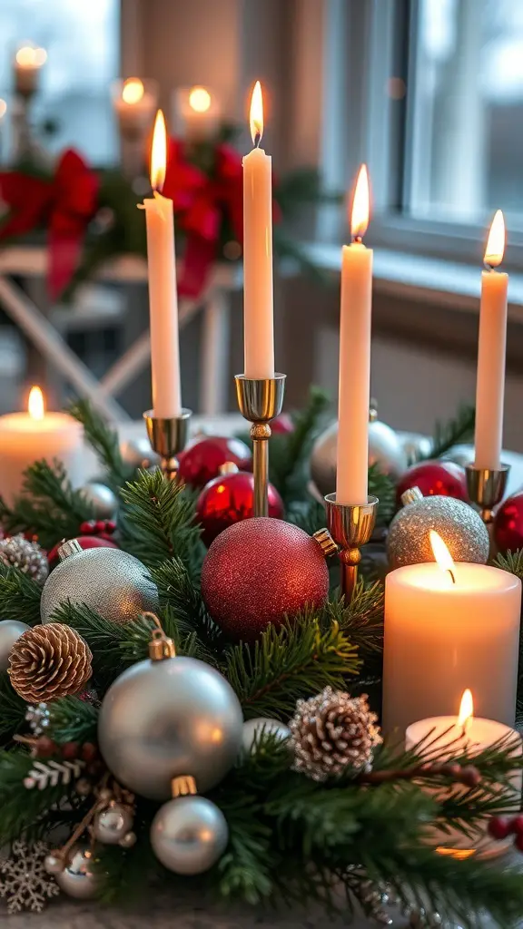 29+ Gorgeous Dollar Tree Centerpieces You Can Create for Any Occasion 10 A festive holiday centerpiece with candles, ornaments, and greenery.