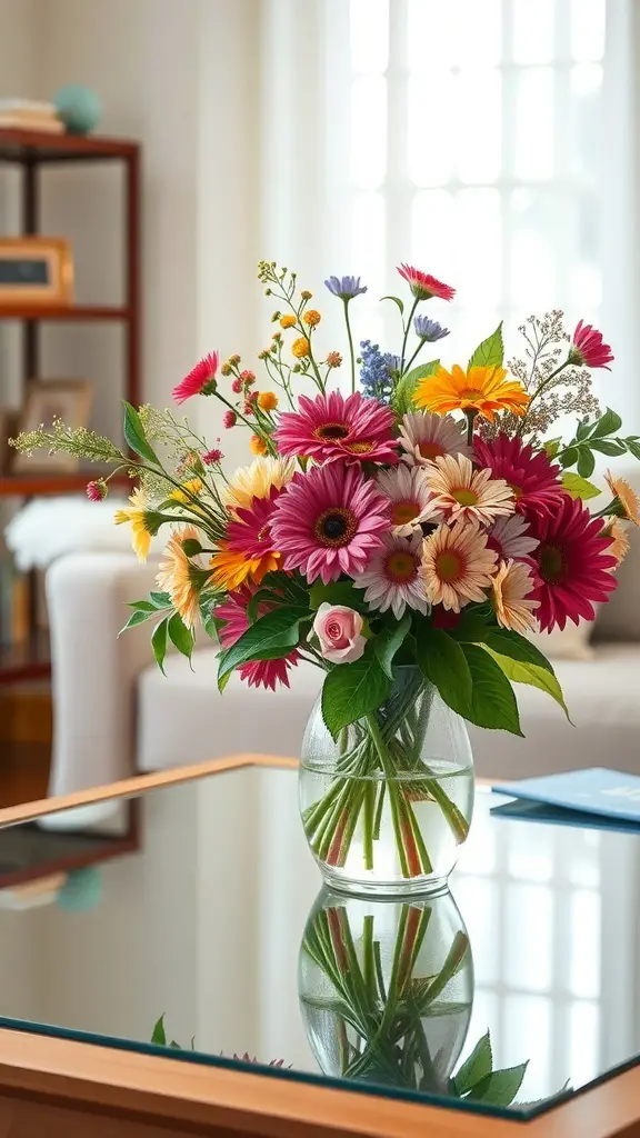 A vibrant bouquet of fresh flowers in a clear vase on a coffee table.