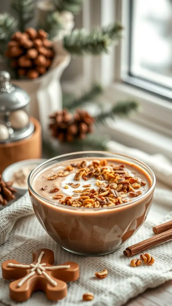 A cozy gingerbread smoothie bowl topped with nuts and cinnamon, surrounded by winter decor.