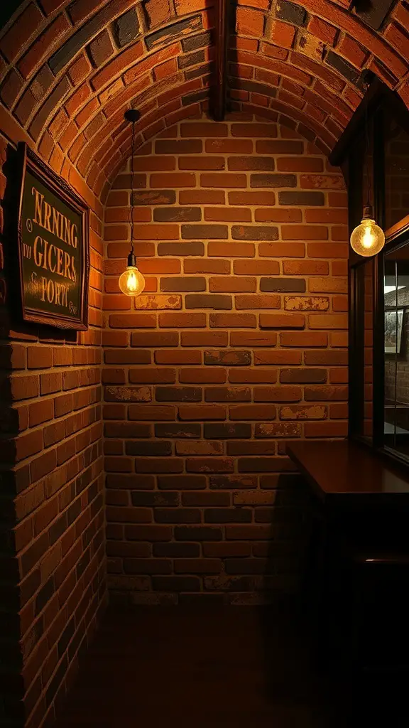 A rustic brick wall with hanging lights in a speakeasy basement