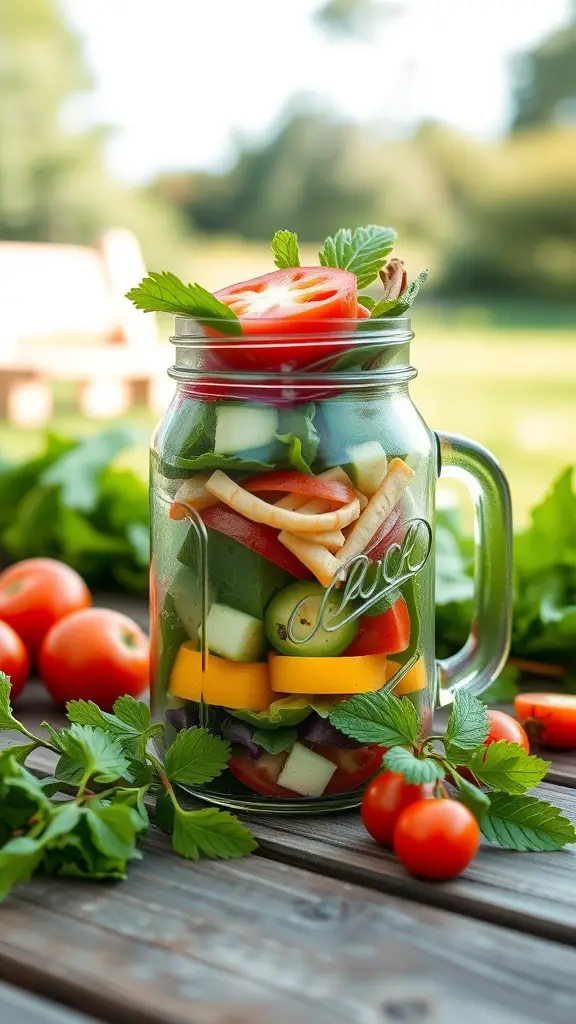 27+ Creative Mason Jar Storage Ideas for a Clutter-Free Home 3 A mason jar filled with a colorful salad, featuring layers of vegetables like tomatoes, cucumbers, and greens.