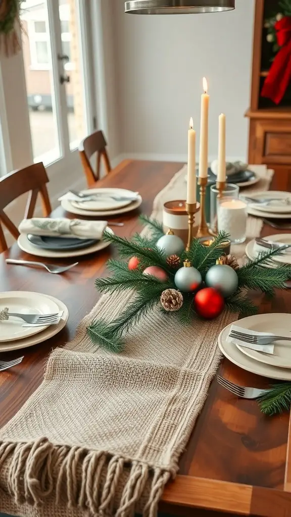 29+ Rustic Christmas Table Décor Ideas for a Cozy Holiday Celebration 6 A rustic Christmas table setting with a burlap table runner, candles, and festive decorations.