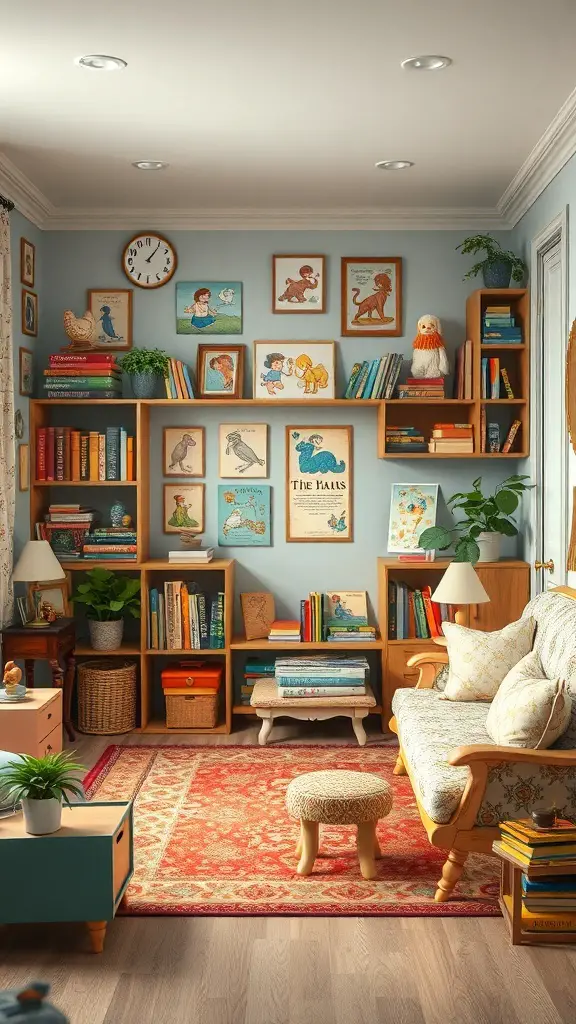 A cozy toddler room with storybook illustrations, bookshelves, and a comfortable seating area.