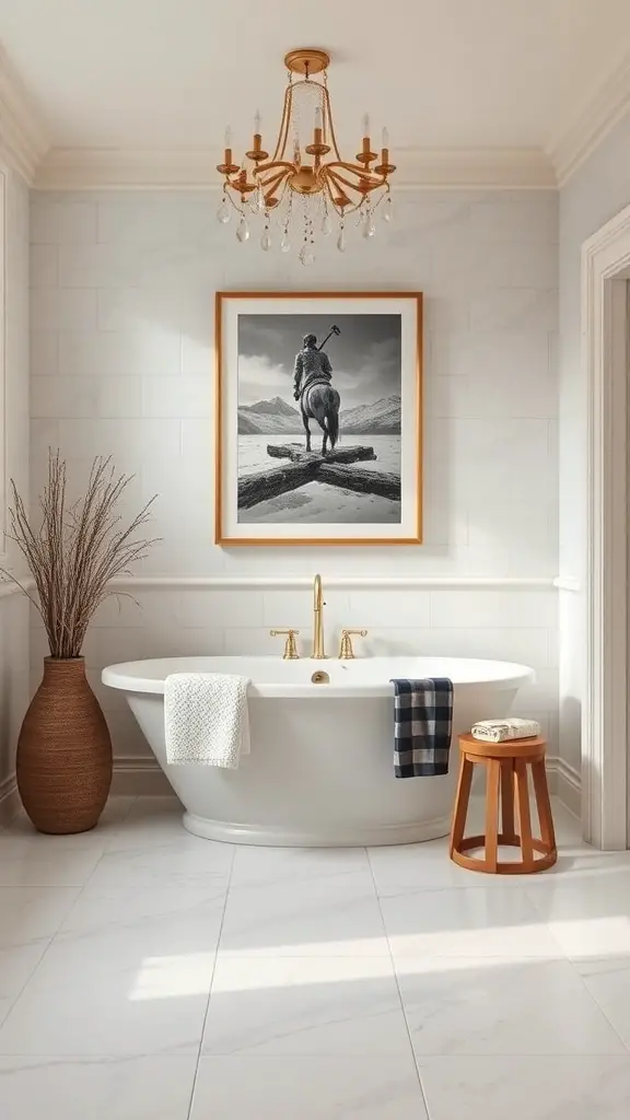 Elegant bathroom with a large tub, chandelier, and Ralph Lauren artwork featuring a rider on horseback.