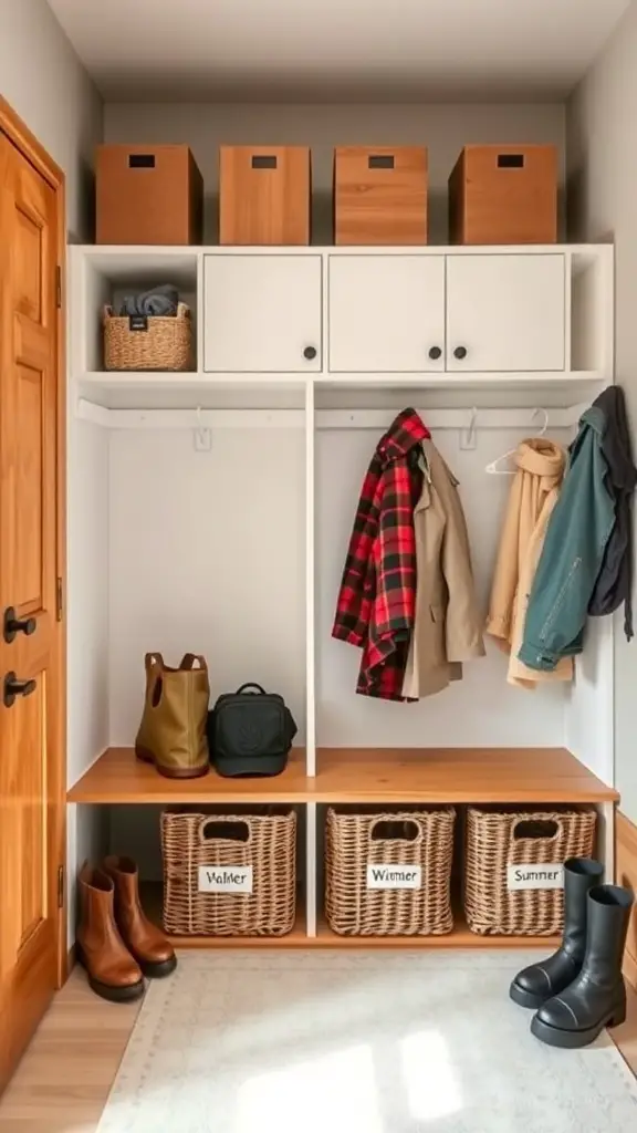 Organized mudroom closet with seasonal storage baskets and hooks for coats
