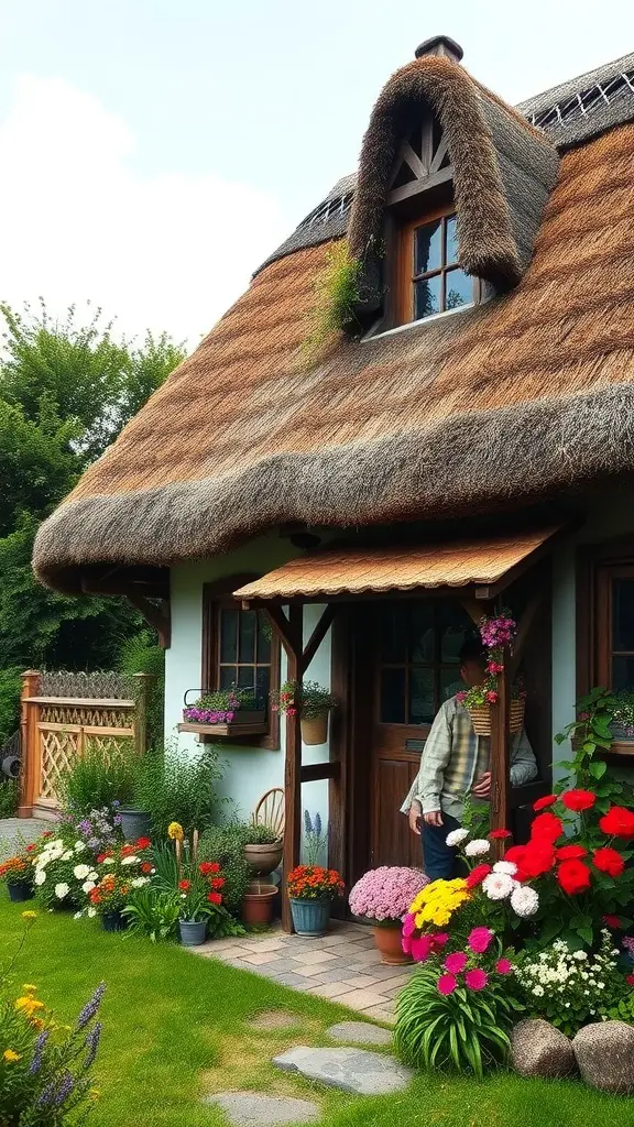 A quaint cottage-style cabin with a thatched roof and colorful flowers in the garden.