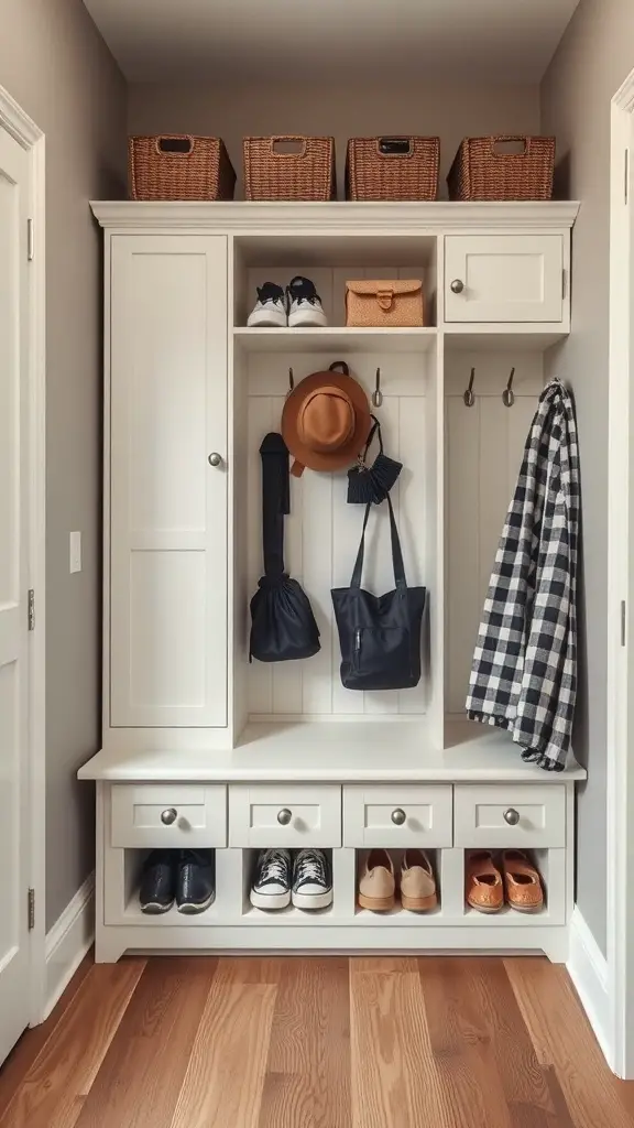 Mudroom cabinet with a bench featuring baskets, hooks, and shoe storage
