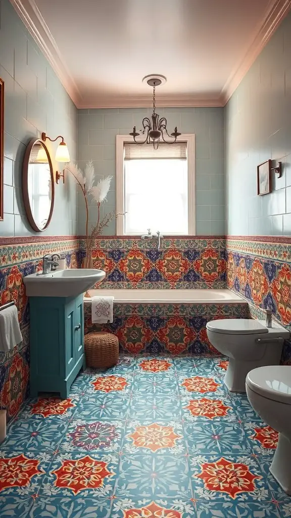 A vibrant bathroom featuring colorful tile patterns on the walls and floor.