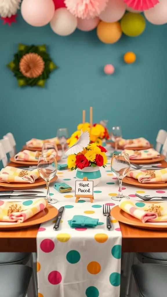25+ Stunning Thanksgiving Table Settings to Elevate Your Holiday Feast 4 A colorful Thanksgiving table setting with polka dot table runner, vibrant flowers, and playful napkin arrangements.