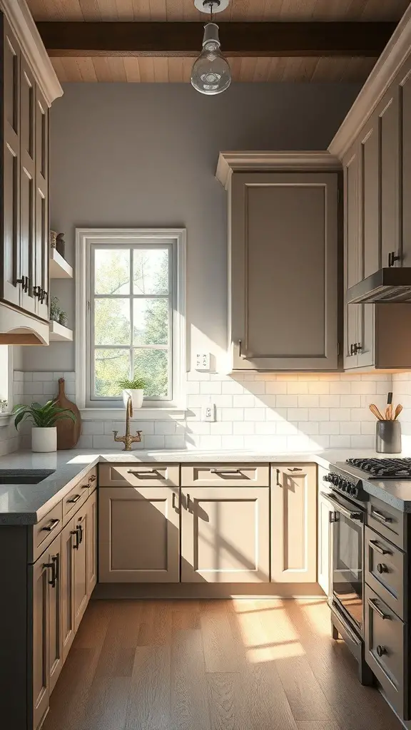 A cozy kitchen featuring taupe cabinets illuminated by natural light from a window, with warm wood accents and stylish pendant lighting.