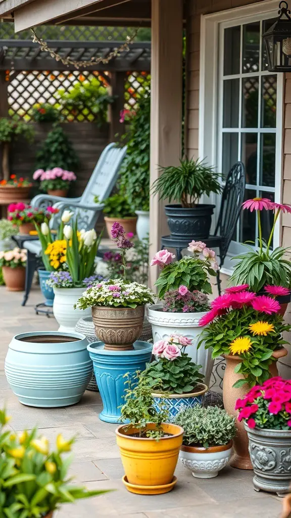 A variety of colorful flower pots arranged on a patio, showcasing different flowers and plants.