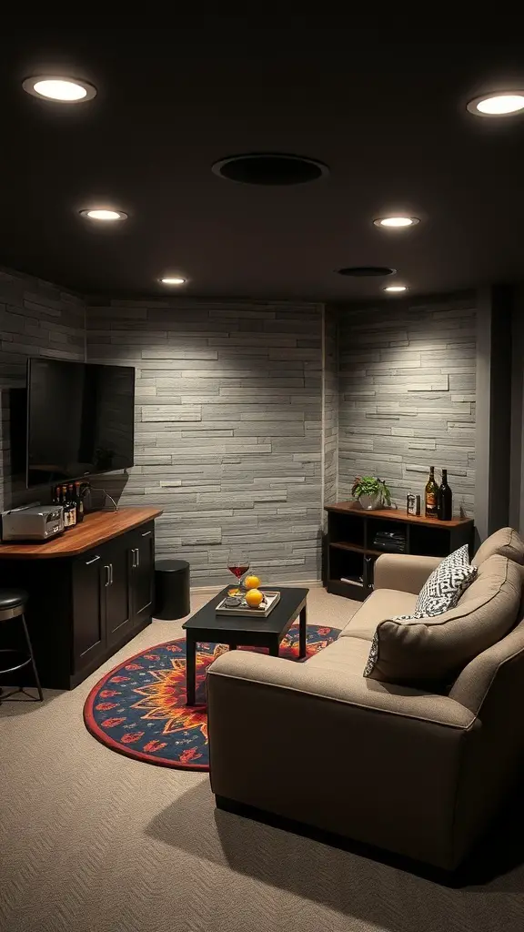 Cozy basement entertainment zone with a mini bar and comfortable seating.