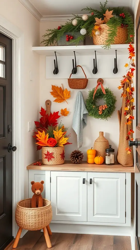 25+ Stunning Mini Mudroom Entryway Ideas for Small Spaces 5 A cozy mini mudroom decorated for fall with pumpkins, leaves, and a wreath.