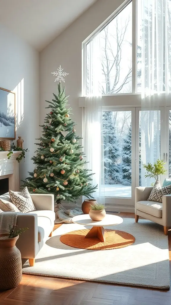 25+ Stunning Icicle Christmas Tree Ideas to Transform Your Holiday Decor 8 A beautifully decorated icicle Christmas tree in a cozy living room with large windows.
