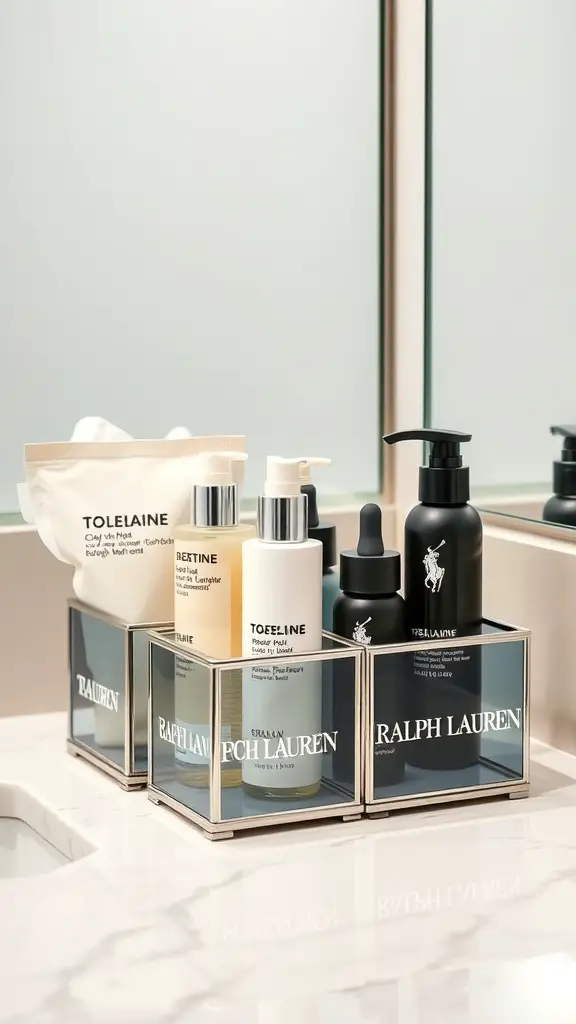 Ralph Lauren toiletry organizers with skincare products on a bathroom counter