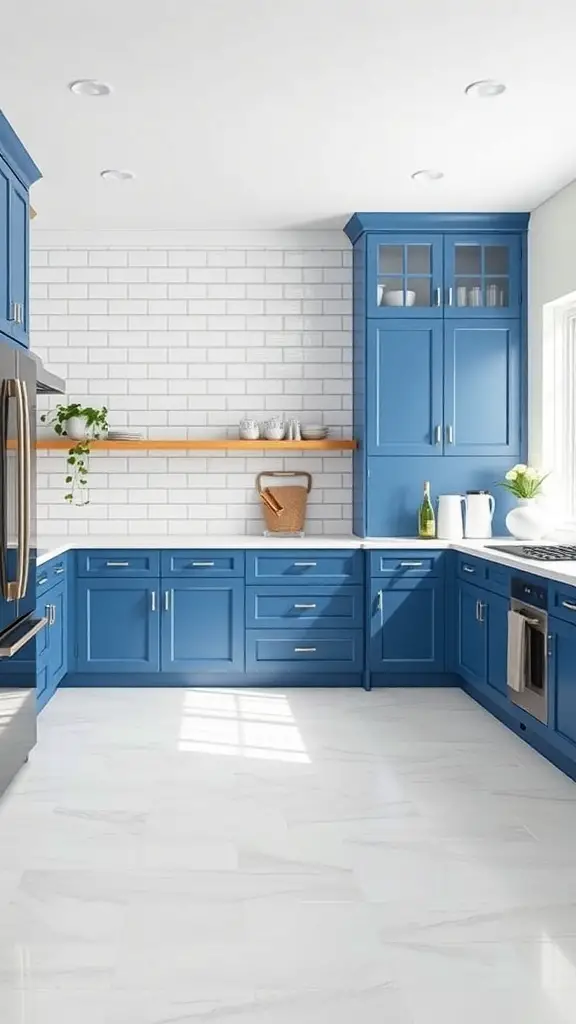 27+ Stunning Kitchen Color Palette Ideas for Your Home Makeover 5 A modern kitchen with bold blue cabinets and white subway tiles.