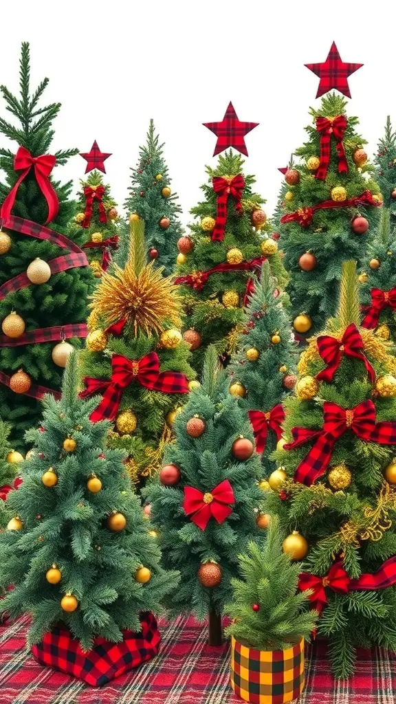 25+ Festive Tartan Plaid Christmas Tree Ornaments and Decorations 12 A collection of beautifully decorated tartan plaid Christmas trees with red and black patterns, gold ornaments, and festive ribbons.