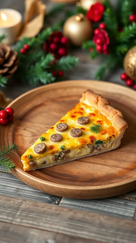 A slice of sausage and cheese breakfast quiche on a wooden plate, surrounded by Christmas decorations.