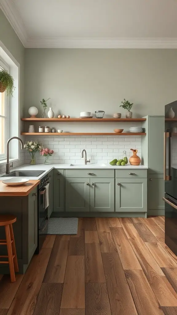 A kitchen with textured wood flooring and sage green walls, featuring modern cabinetry and open shelving.