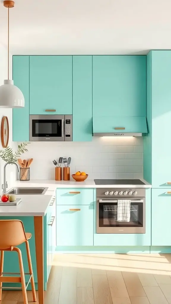 29+ Stunning Ideas for Blue Kitchen Cabinets 3 A modern kitchen with turquoise cabinets, white countertops, and warm wood accents.