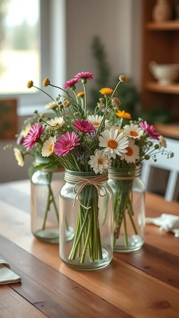23+ Stunning Dining Table Centerpiece Ideas 3 A rustic dining table centerpiece featuring mason jars filled with colorful flowers.