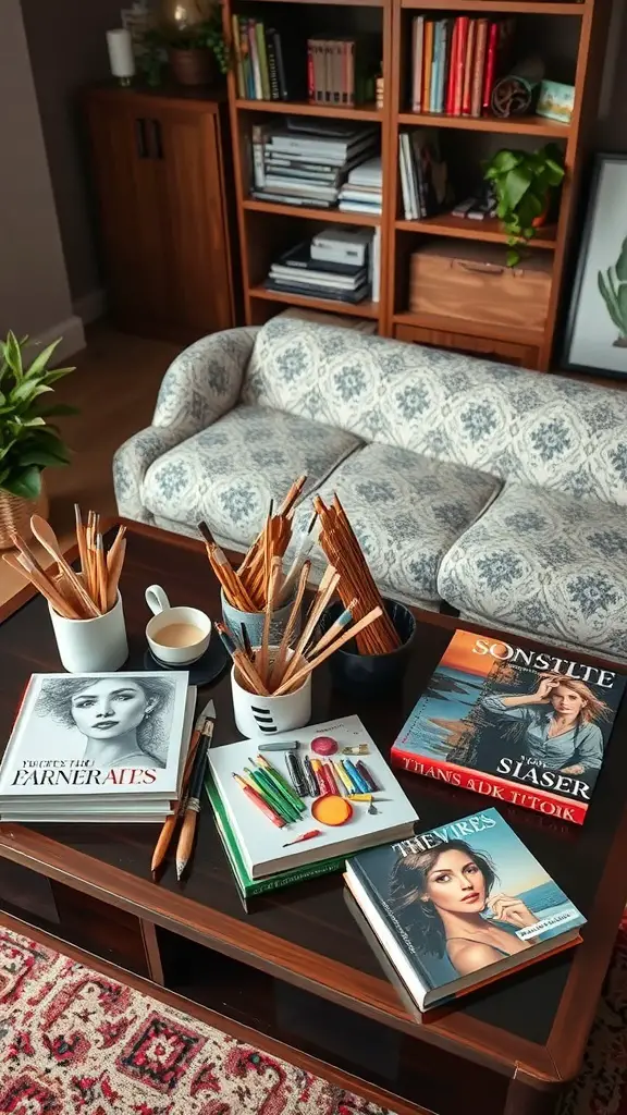A cozy coffee table setup with art supplies and coffee table books.