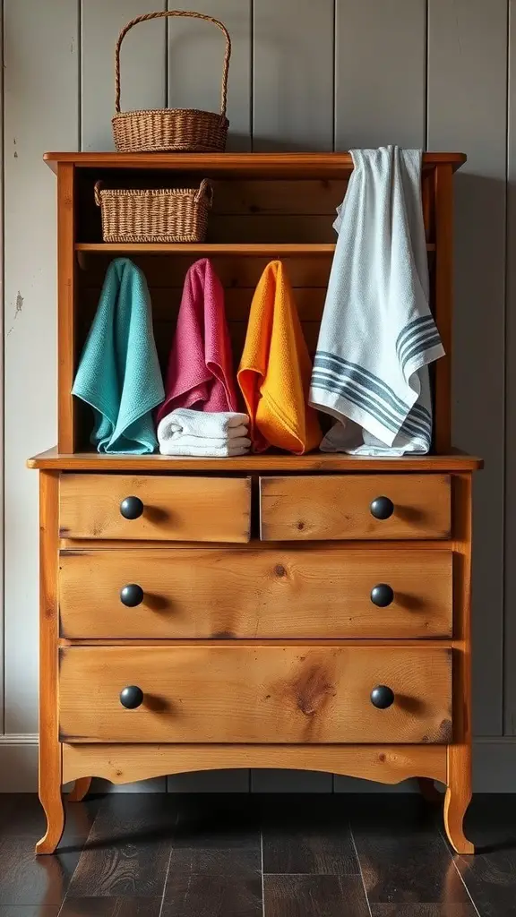 A wooden dresser repurposed for towel storage, featuring colorful towels and a small basket.