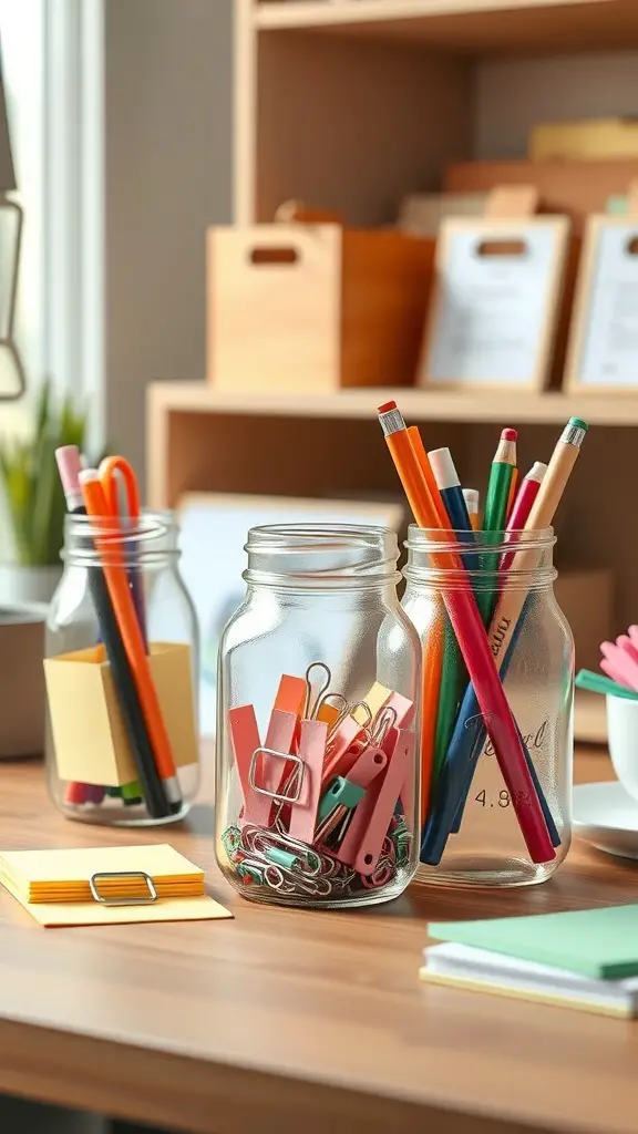 27+ Creative Mason Jar Storage Ideas for a Clutter-Free Home 13 Mason jars filled with office supplies like pens, paperclips, and sticky notes on a desk.