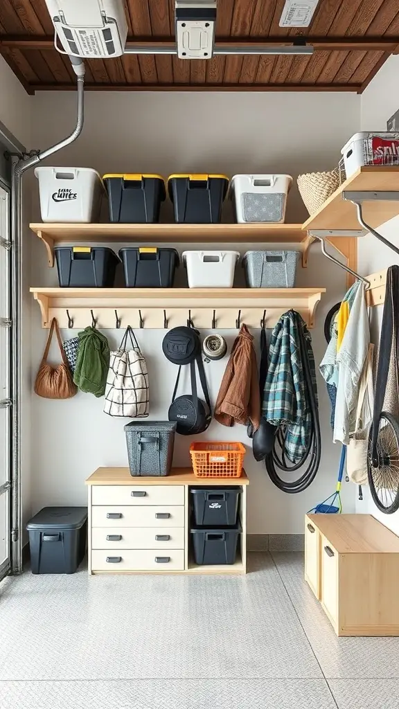 29+ Creative DIY Garage Mudroom Ideas You’ll Love 9 A well-organized garage mudroom with shelves, bins, and hooks for storage.