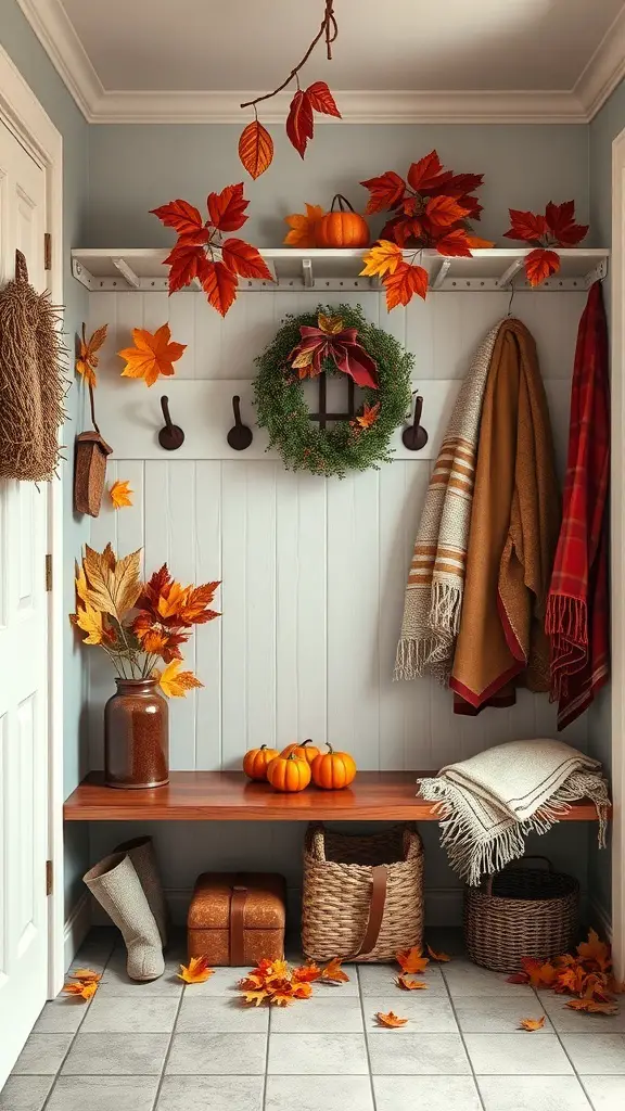 A cozy mudroom decorated for fall with pumpkins, autumn leaves, and warm blankets.