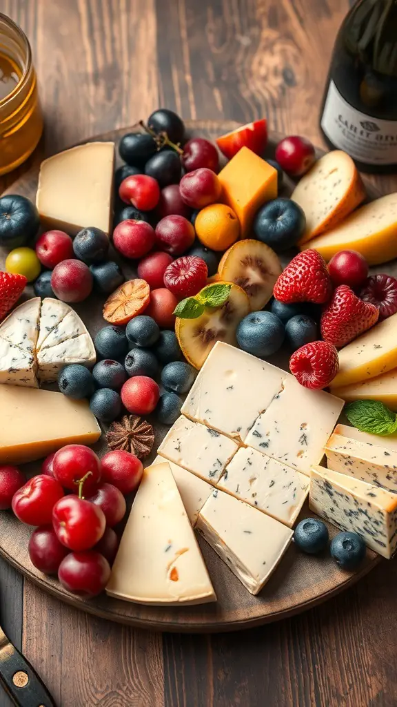 25+ Stunning Christmas Food Table Displays for Your Holiday Feast 10 A wooden platter filled with various cheeses and colorful fruits.