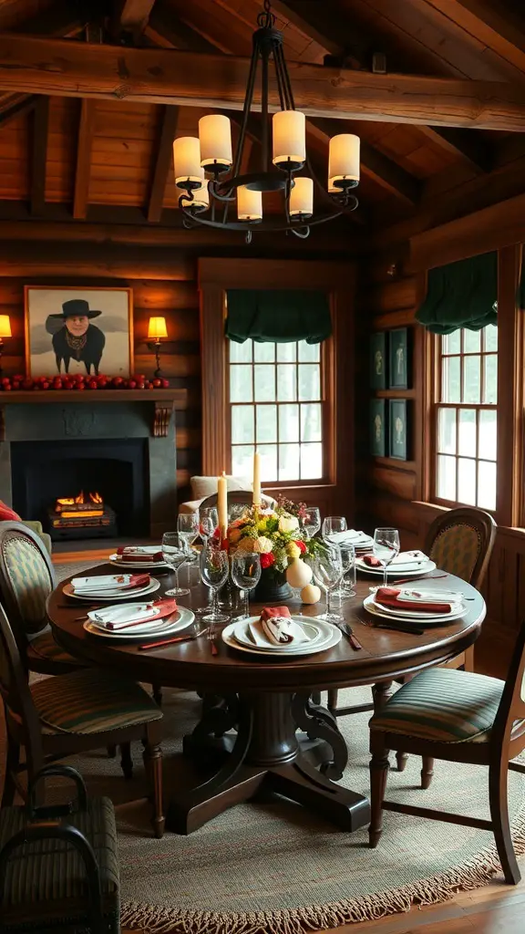 A beautifully set dining table in a rustic cabin style, featuring elegant tableware and a warm atmosphere.