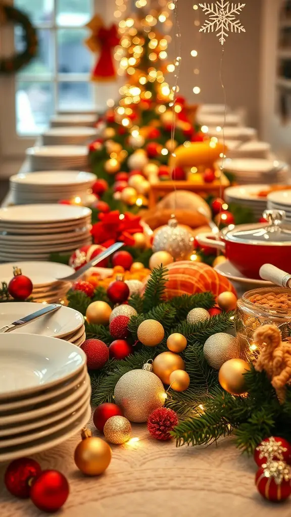 27+ Stunning Christmas Buffet Table Decor Ideas 9 A beautifully decorated Christmas buffet table with glittering ornaments, fresh greenery, and twinkling lights.