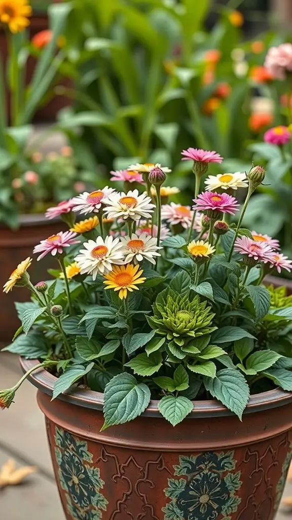 A colorful container garden featuring various flowers, showcasing companion planting.