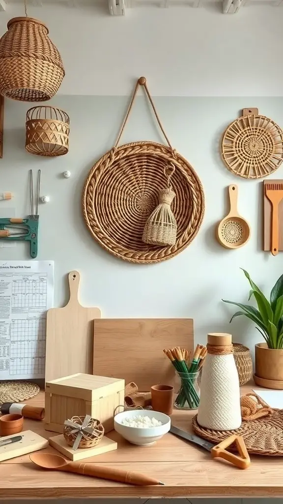 A collection of woven baskets and wooden items displayed on a wall, showcasing a DIY basket wall project.