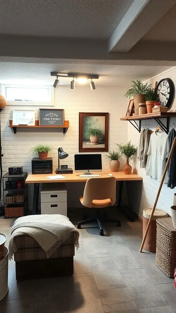 Cozy farmhouse-style basement workspace with wooden desk, plants, and warm lighting.