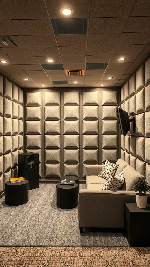 29+ Inspiring Basement House Ideas for Your Next Home Project 13 A soundproof basement room with padded walls, a couch, and acoustic panels.