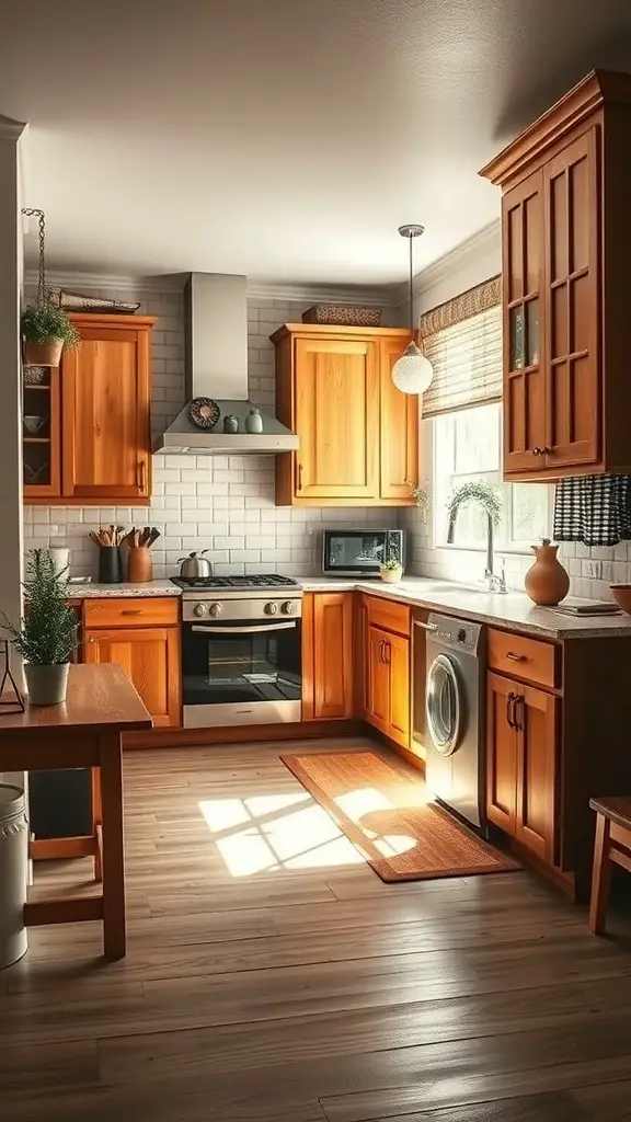 25+ Gorgeous Kitchen Cabinet Colors to Transform Your Space 9 A cozy kitchen featuring warm oak cabinets, a modern stove, and natural light.