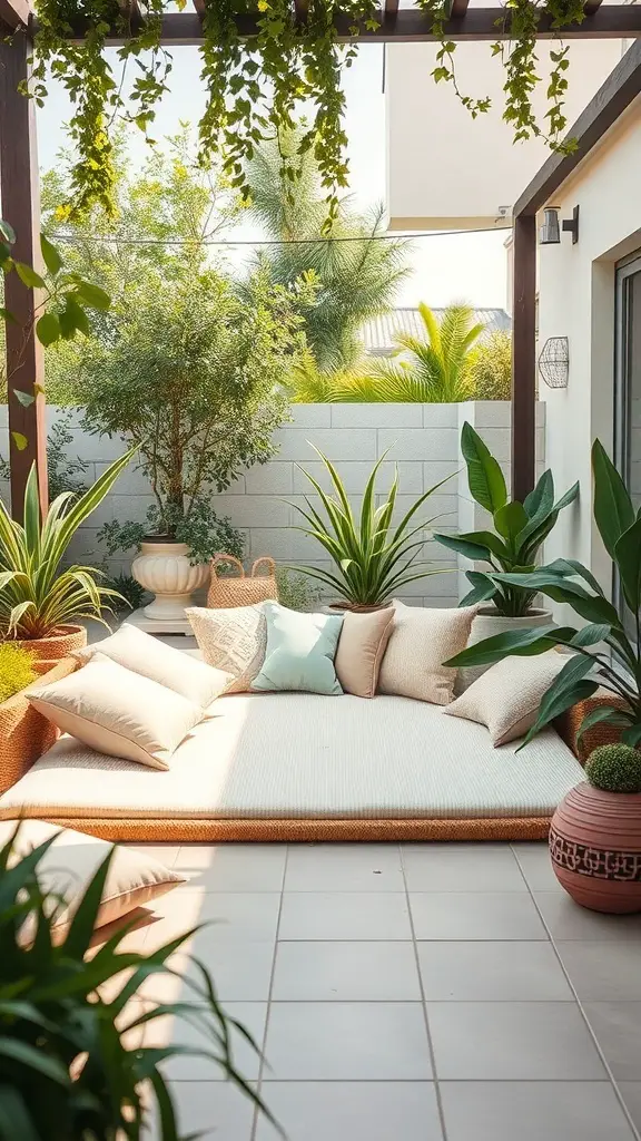 25+ Inspired Floor Bed Ideas for a Cozy Bedroom Makeover 10 A cozy outdoor floor bed surrounded by plants and greenery.