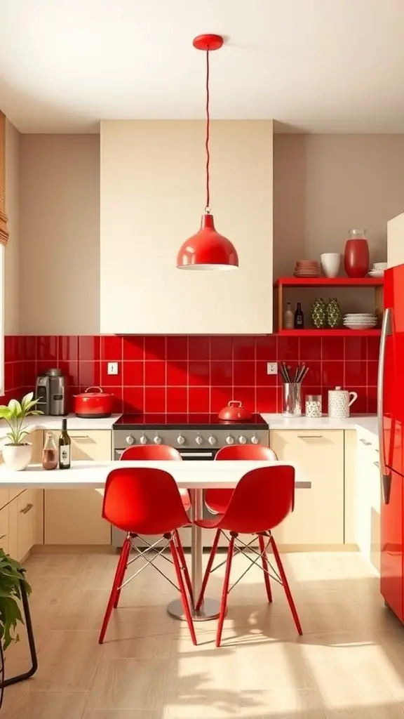 27+ Stunning Kitchen Color Palette Ideas for Your Home Makeover 3 A modern kitchen with red accents, featuring red tiles, chairs, and a pendant light against neutral walls.