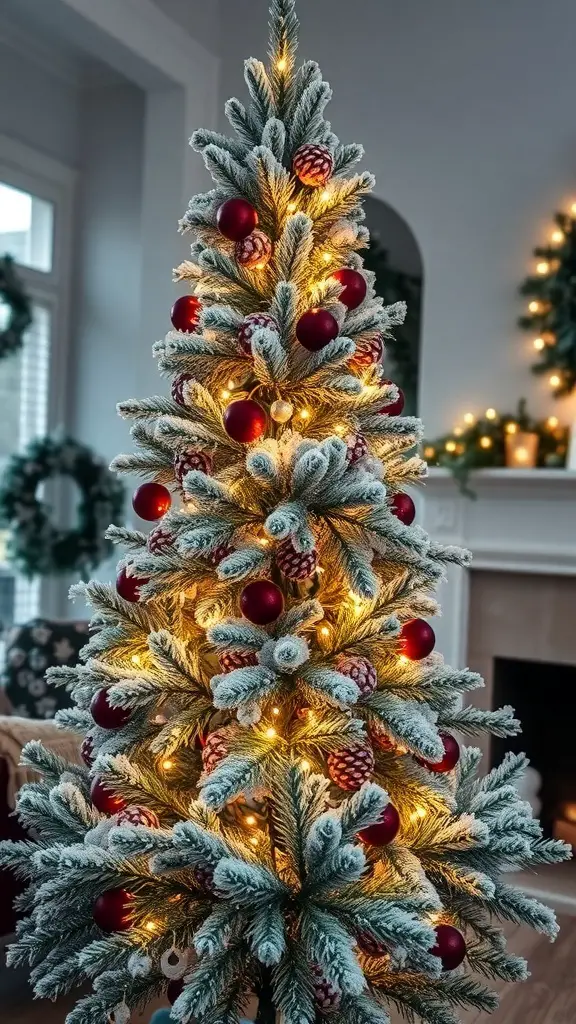 A beautifully decorated Christmas tree with frosted pinecones and red ornaments.